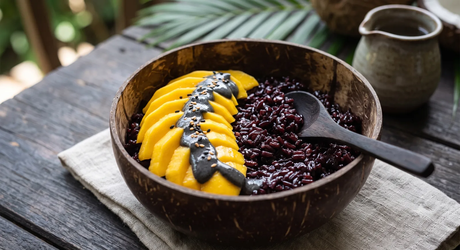 Black Sticky Rice with Mango and Black Sesame Cream