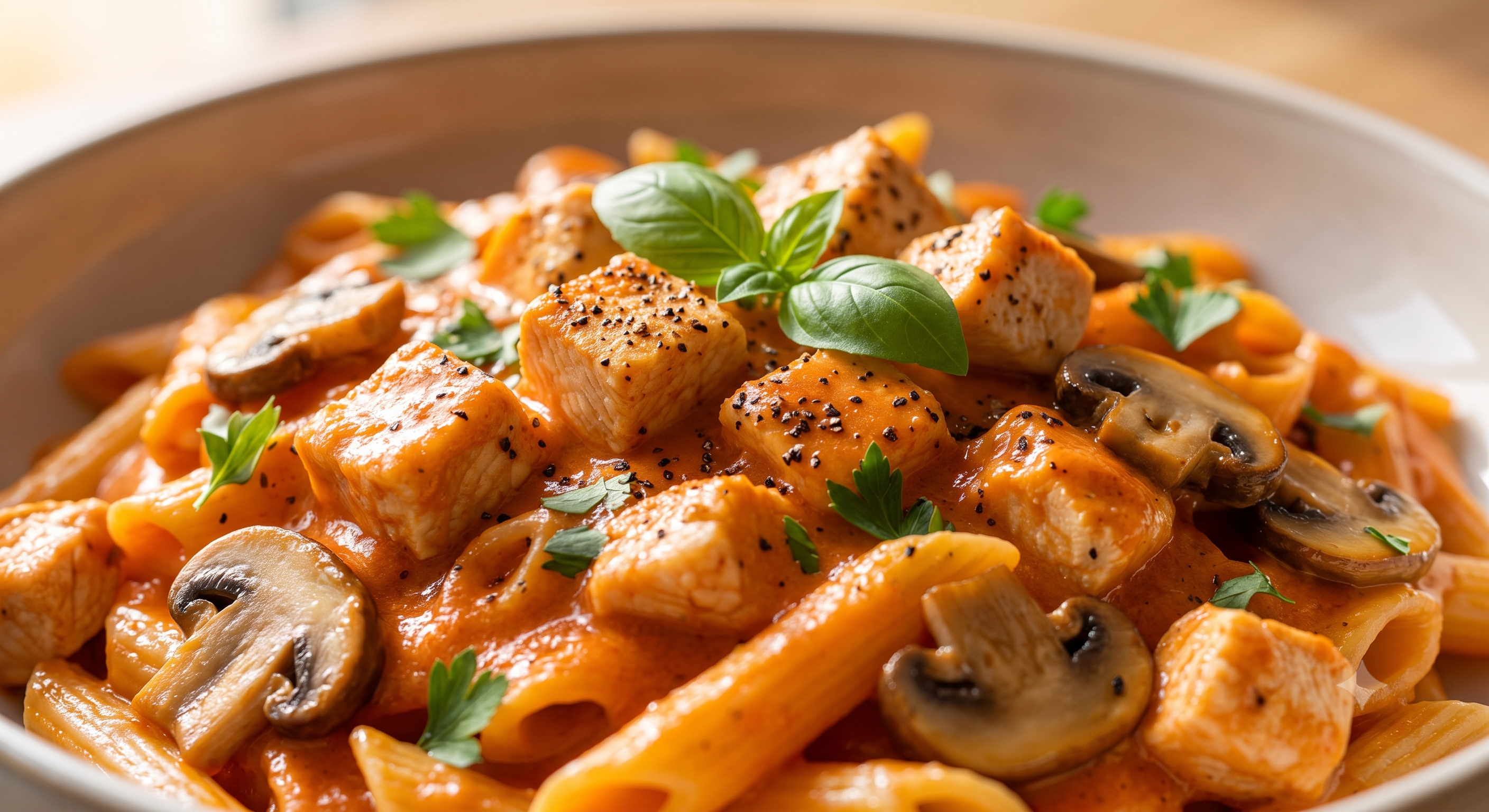 Mild Tomato Chicken Mushroom Pasta